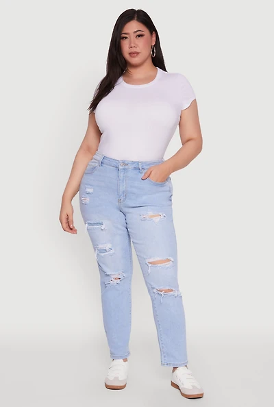 Womens Plus Size WAX High Waisted Distressed and Frayed Jeans, Blue, Size 18