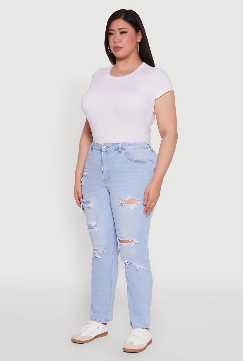 Womens Plus WAX High Waisted Distressed and Frayed Jeans, Blue,