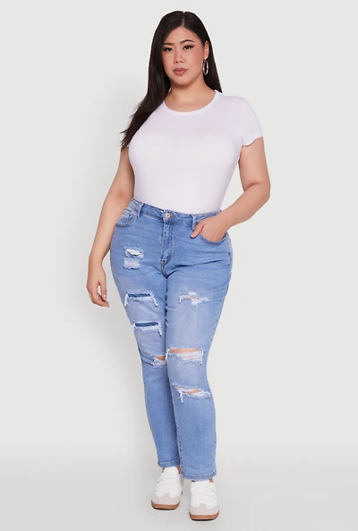 Womens Plus WAX High Waisted Distressed and Frayed Jeans, Blue,