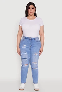 Womens Plus WAX High Waisted Distressed and Frayed Jeans, Blue,