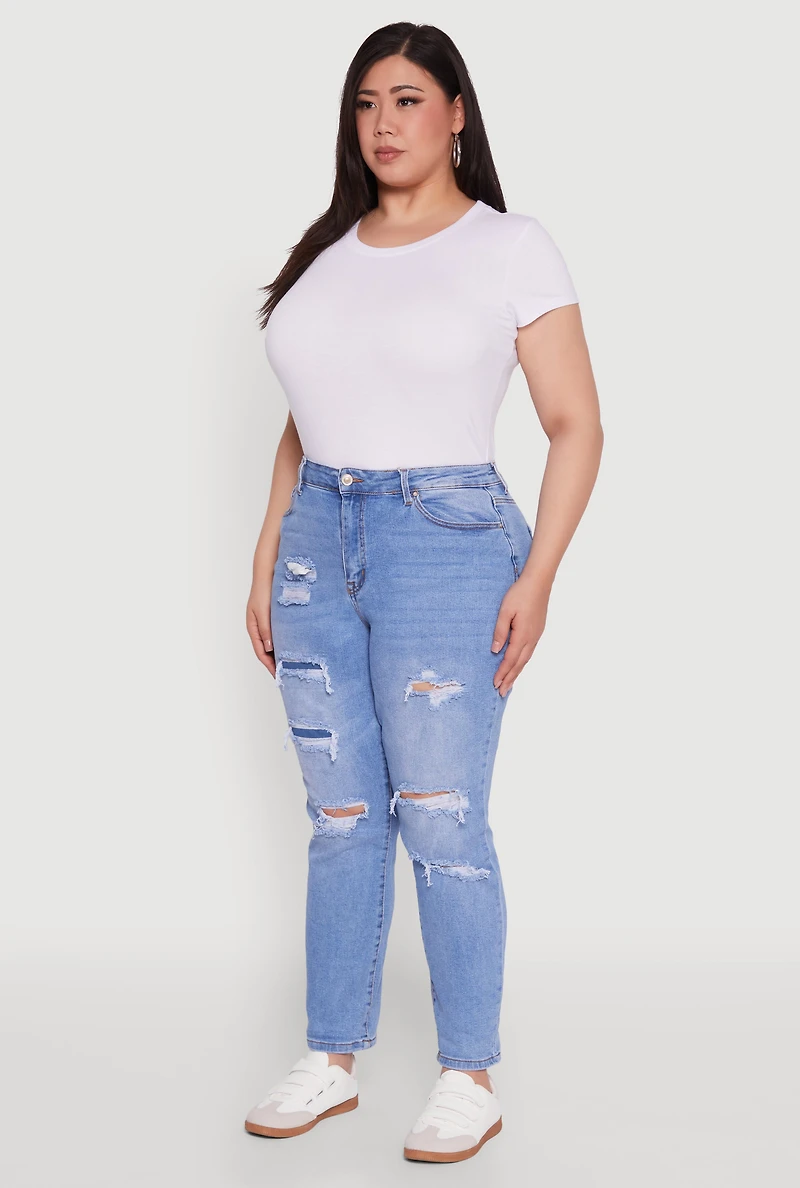 Womens Plus WAX High Waisted Distressed and Frayed Jeans, Blue,
