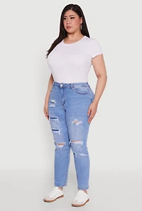 Womens Plus Size WAX High Waisted Distressed and Frayed Jeans, Blue, Size 16