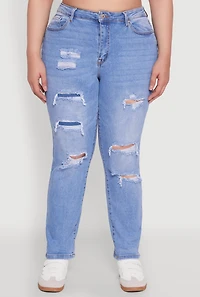 Womens Plus WAX High Waisted Distressed and Frayed Jeans, Blue,