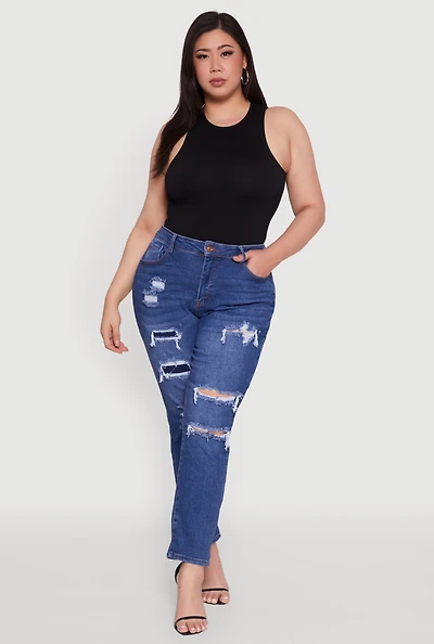 Womens Plus Size WAX High Waisted Distressed and Frayed Jeans, Blue, Size 14
