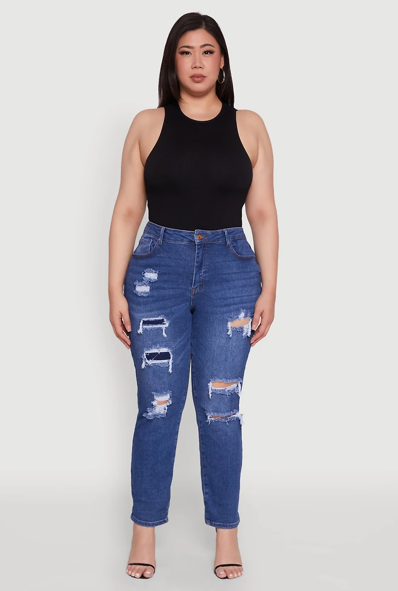 Womens Plus WAX High Waisted Distressed and Frayed Jeans, Blue,