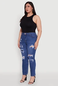 Womens Plus WAX High Waisted Distressed and Frayed Jeans, Blue,