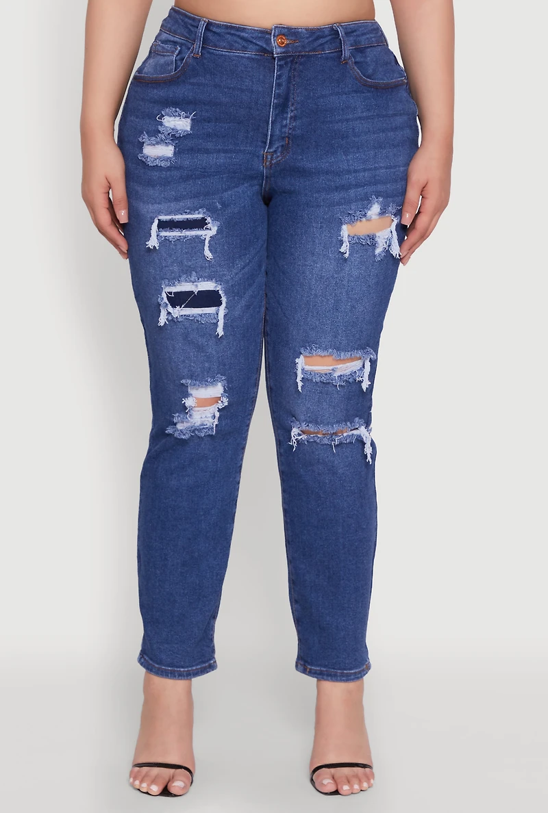 Womens Plus WAX High Waisted Distressed and Frayed Jeans, Blue,