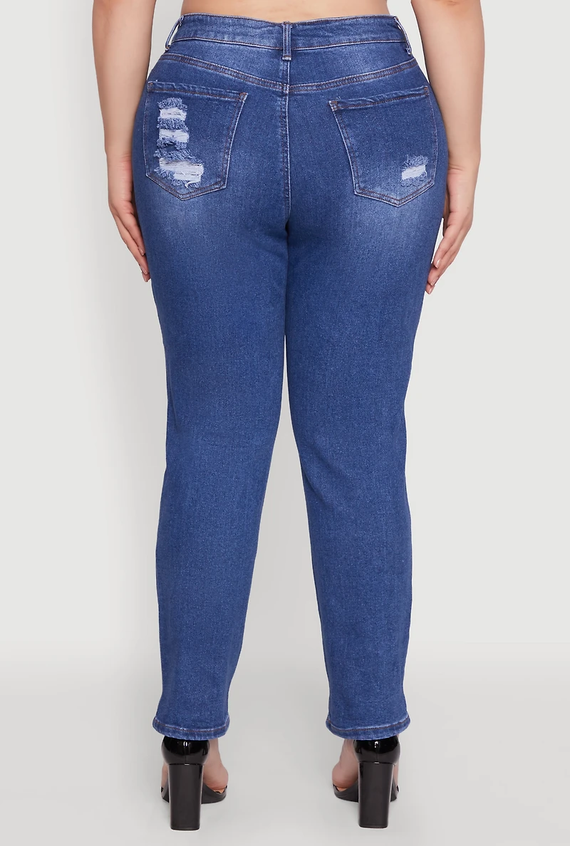 Womens Plus WAX High Waisted Distressed and Frayed Jeans, Blue,