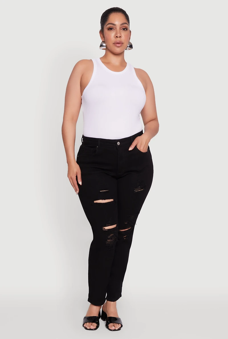Womens Plus WAX Distressed High Waisted Boyfriend Jeans, Black,