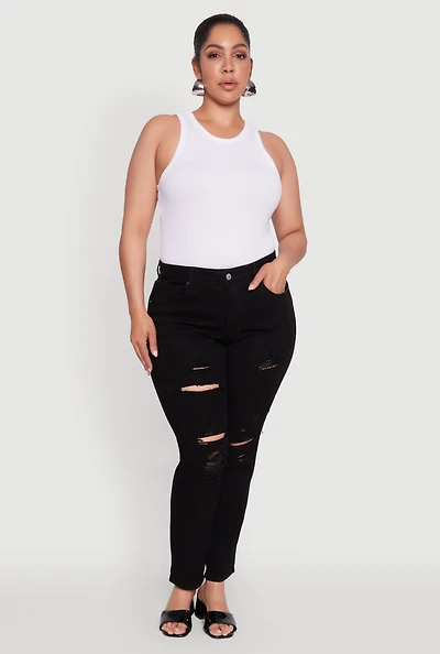 Womens Plus WAX Distressed High Waisted Boyfriend Jeans, Black,