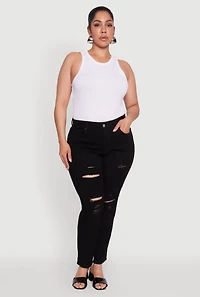 Womens Plus WAX Distressed High Waisted Boyfriend Jeans, Black,