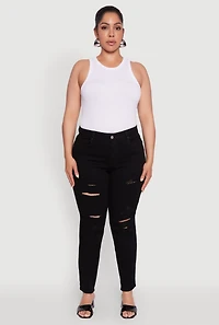 Womens Plus Size WAX Distressed High Waisted Boyfriend Jeans, Black, Size 14