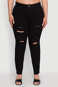 Womens Plus WAX Distressed High Waisted Boyfriend Jeans, Black,
