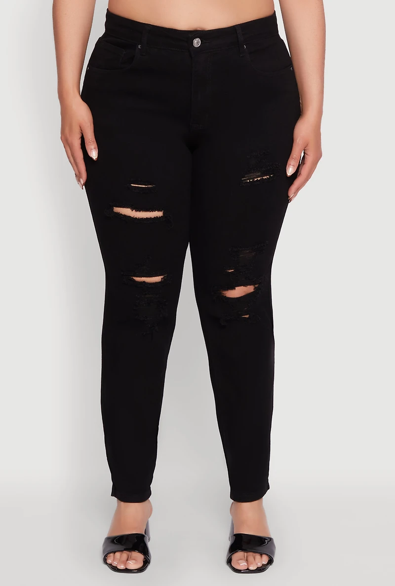 Womens Plus Size WAX Distressed High Waisted Boyfriend Jeans, Black, Size 20
