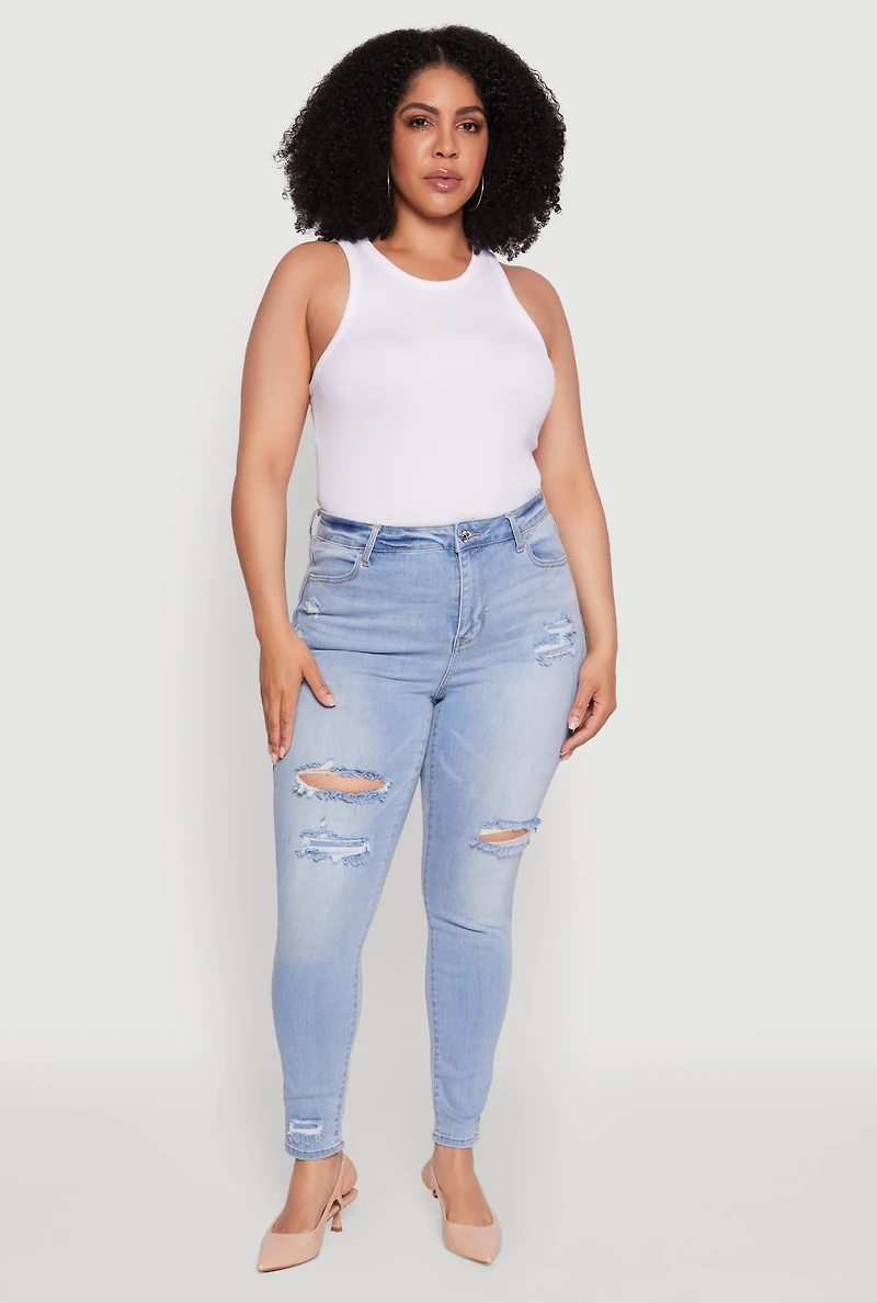 Womens Plus WAX Distressed High Waisted Skinny Leg Jeans, Blue,