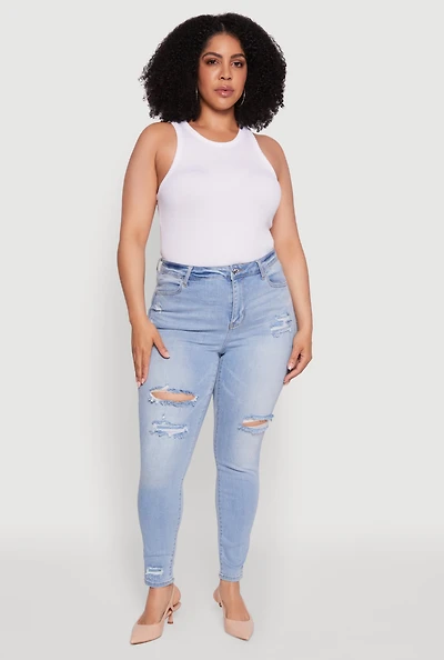 Womens Plus WAX Distressed High Waisted Skinny Leg Jeans, Blue,