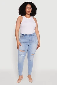 Womens Plus WAX Distressed High Waisted Skinny Leg Jeans, Blue,
