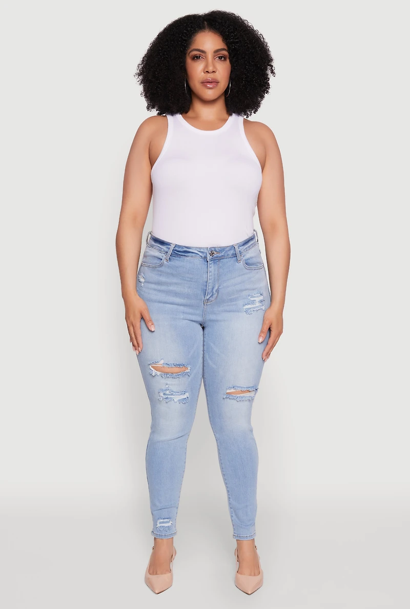 Womens Plus Size WAX Distressed High Waisted Skinny Leg Jeans, Blue, Size 14