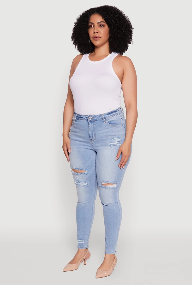 Womens Plus Size WAX Distressed High Waisted Skinny Leg Jeans, Blue, Size 18