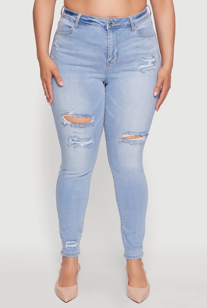 Womens Plus Size WAX Distressed High Waisted Skinny Leg Jeans, Blue, Size 14