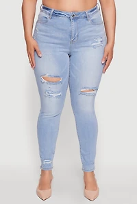 Womens Plus Size WAX Distressed High Waisted Skinny Leg Jeans, Blue, Size 14