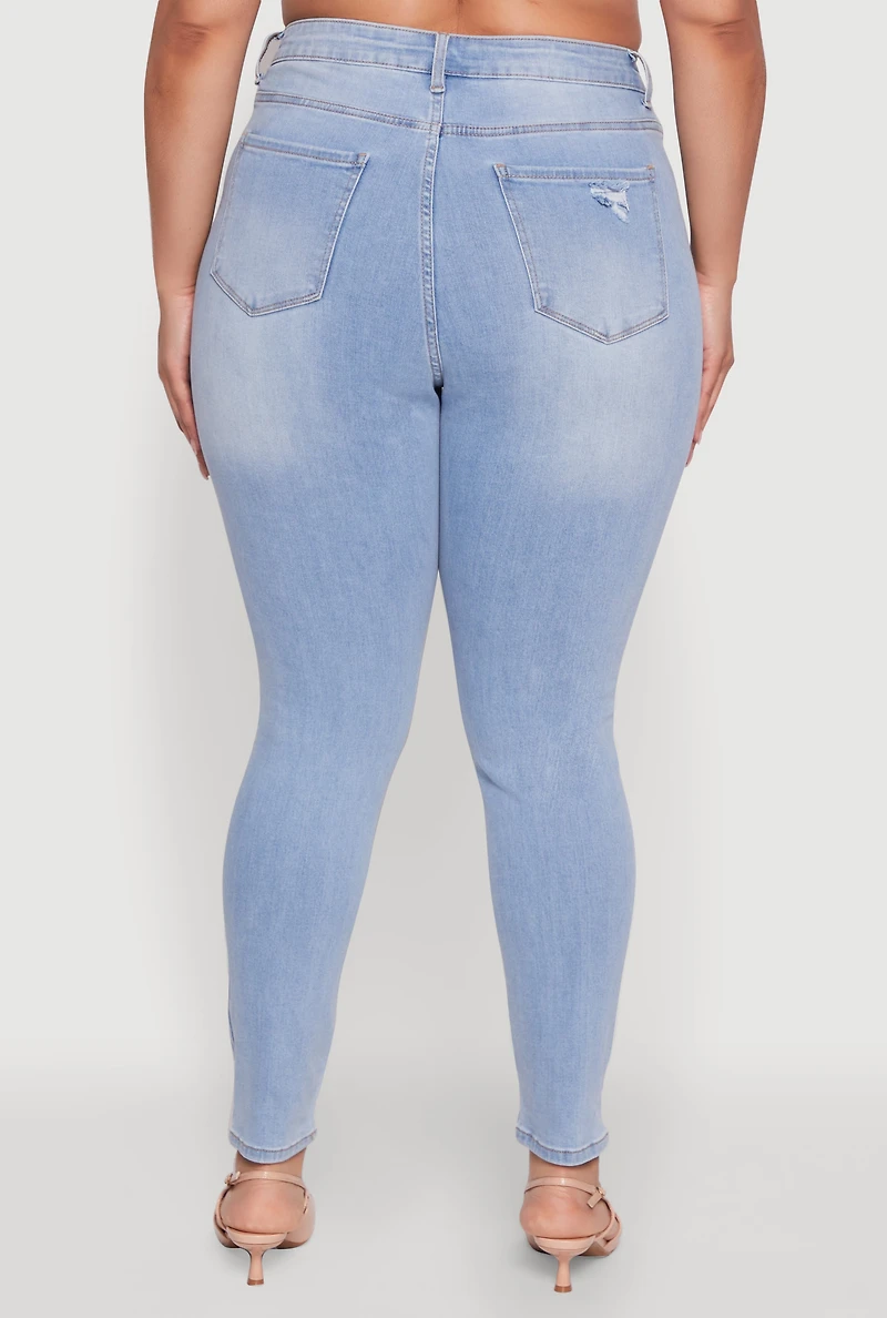 Womens Plus Size WAX Distressed High Waisted Skinny Leg Jeans, Blue, Size 14