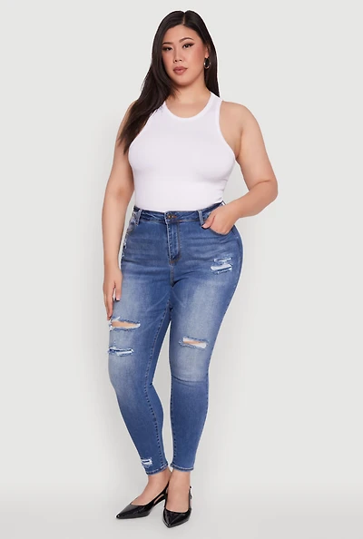 Womens Plus WAX Distressed High Waisted Skinny Leg Jeans, Blue,