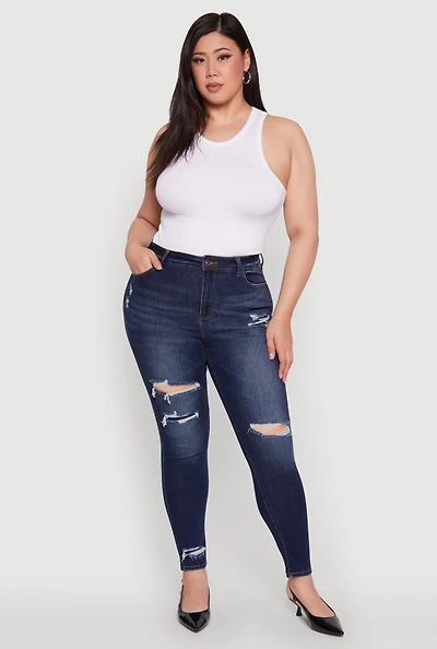 Womens Plus Size WAX Distressed High Waisted Skinny Leg Jeans, Blue, Size 20