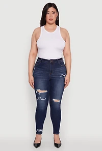 Womens Plus Size WAX Distressed High Waisted Skinny Leg Jeans, Blue, Size 16