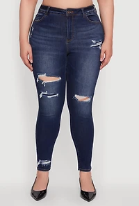 Womens Plus Size WAX Distressed High Waisted Skinny Leg Jeans, Blue, Size 16