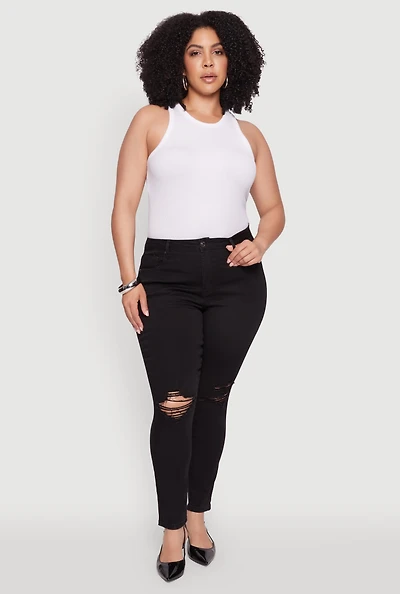 Womens Plus WAX Whiskered High Waisted Distressed Skinny Jeans,