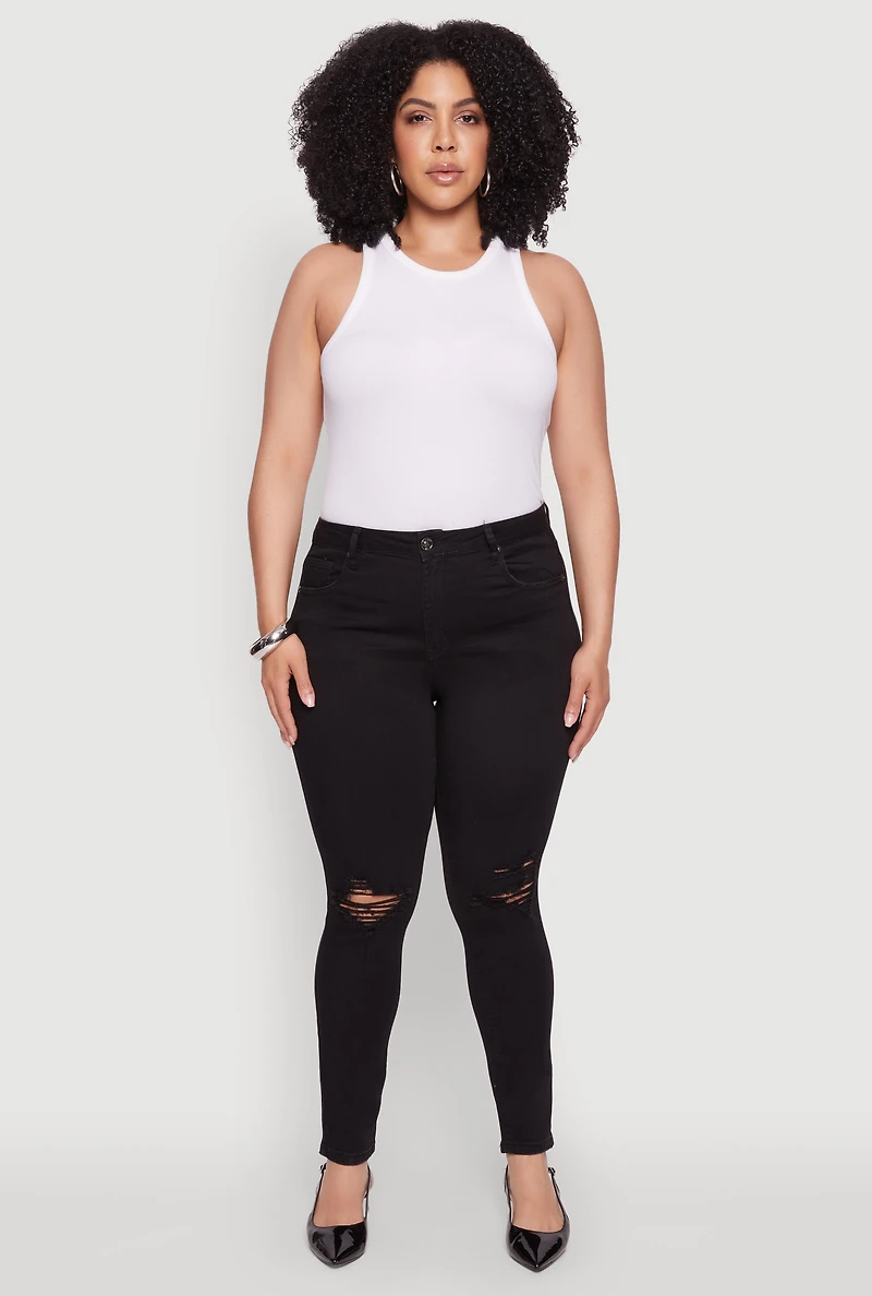 Womens Plus WAX Whiskered High Waisted Distressed Skinny Jeans,
