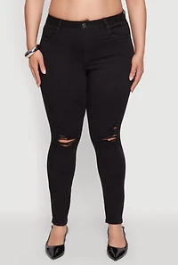 Womens Plus WAX Whiskered High Waisted Distressed Skinny Jeans,