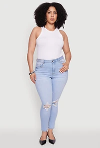 Womens Plus WAX Whiskered High Waisted Distressed Skinny Jeans, Blue,