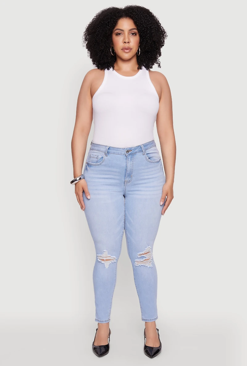Womens Plus WAX Whiskered High Waisted Distressed Skinny Jeans, Blue,