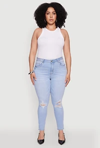 Womens Plus WAX Whiskered High Waisted Distressed Skinny Jeans, Blue,