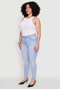 Womens Plus WAX Whiskered High Waisted Distressed Skinny Jeans, Blue,