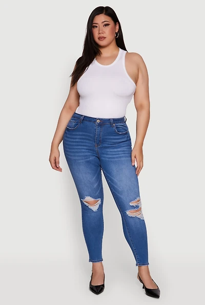 Womens Plus WAX Whiskered High Waisted Distressed Skinny Jeans, Blue,