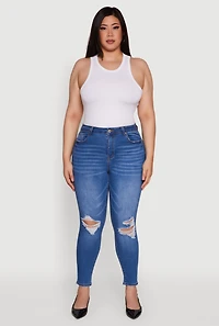 Womens Plus Size WAX Whiskered High Waisted Distressed Skinny Jeans, Blue, Size 16