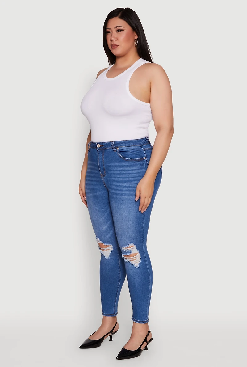 Womens Plus Size WAX Whiskered High Waisted Distressed Skinny Jeans, Blue, Size 16