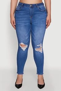 Womens Plus Size WAX Whiskered High Waisted Distressed Skinny Jeans, Blue, Size 16