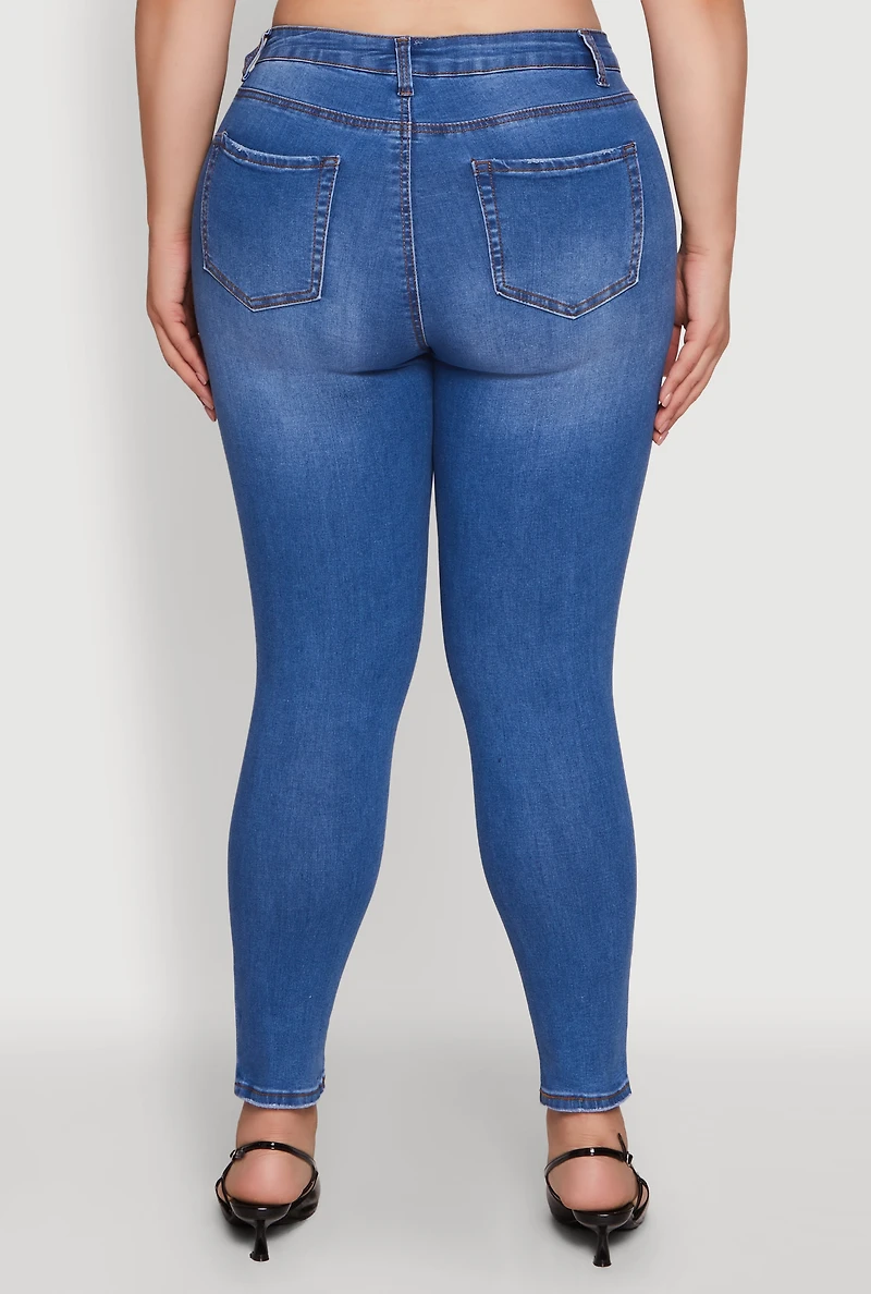 Womens Plus Size WAX Whiskered High Waisted Distressed Skinny Jeans, Blue, Size 16