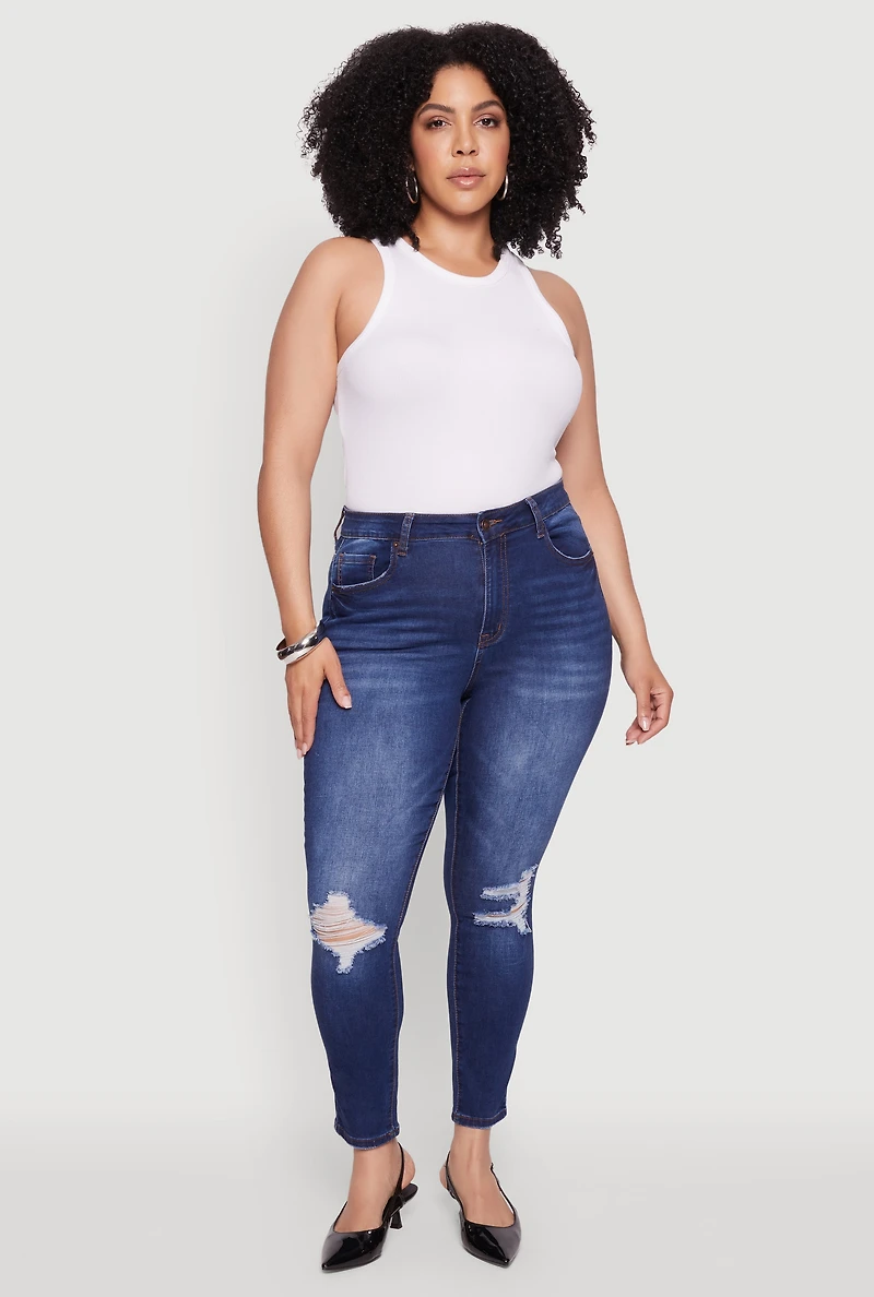 Womens Plus WAX Whiskered High Waisted Distressed Skinny Jeans, Blue,