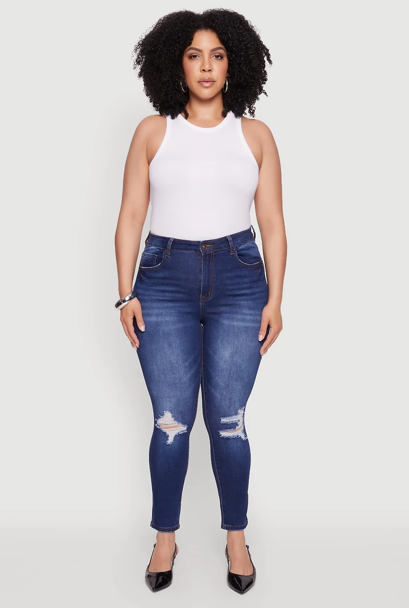 Womens Plus WAX Whiskered High Waisted Distressed Skinny Jeans, Blue,