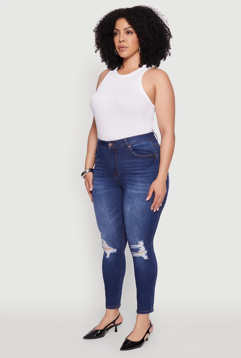 Womens Plus WAX Whiskered High Waisted Distressed Skinny Jeans, Blue,