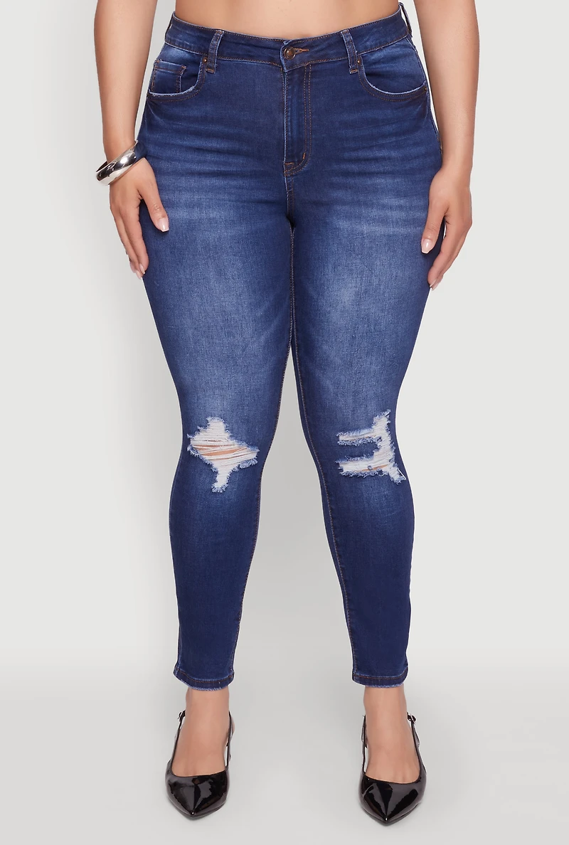Womens Plus WAX Whiskered High Waisted Distressed Skinny Jeans, Blue,