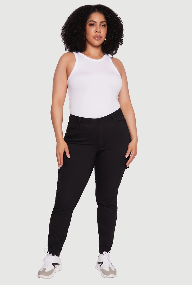 Womens Plus Size WAX Stylish Twill Skinny Cargo Pants, Black, Size 20