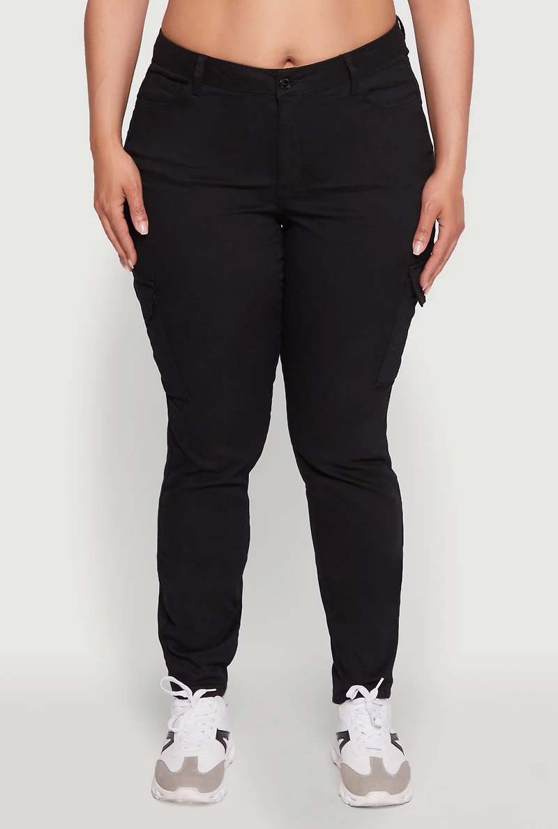 Womens Plus Size WAX Stylish Twill Skinny Cargo Pants, Black, Size 16