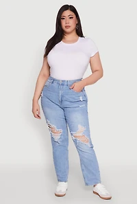 Womens Plus Size WAX Distressed High Waisted Straight Leg Jeans, Blue, Size 3X