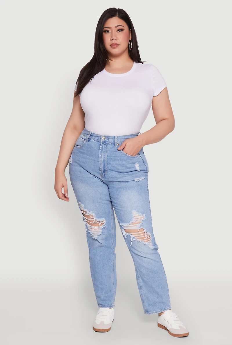 Womens Plus Size WAX Distressed High Waisted Straight Leg Jeans, Blue, Size 1X